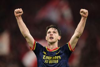 Arsenal midfielder Declan Rice celebrates his midweek goal against Bayern Munich