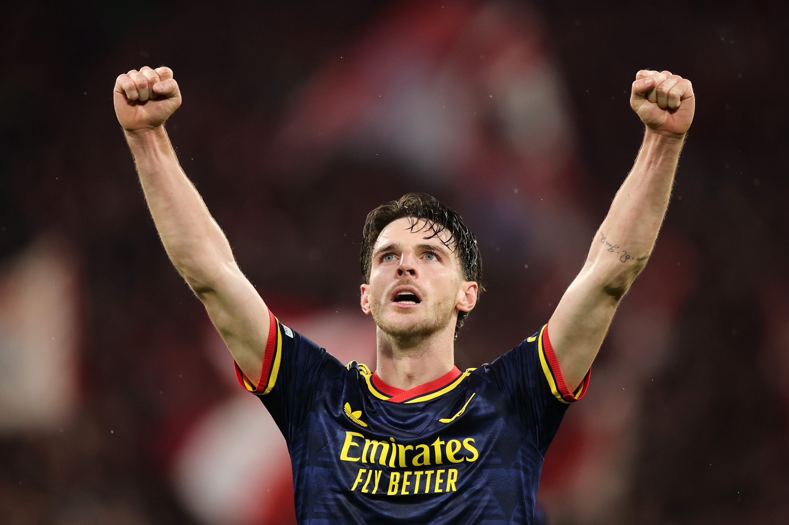 Arsenal midfielder Declan Rice celebrates his midweek goal against Bayern Munich