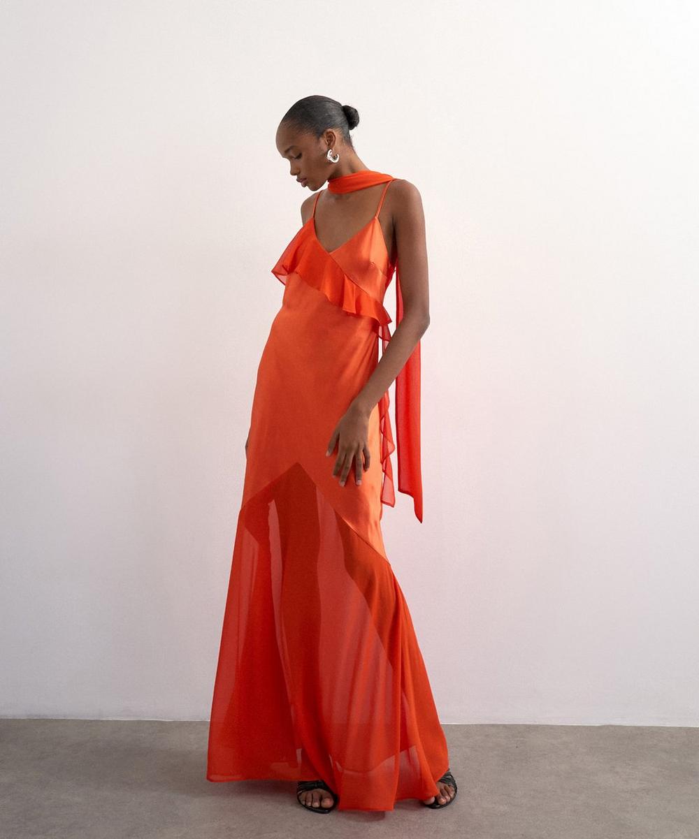 Rust Mixed Fabric Ruffle Detail Maxi Slip Dress