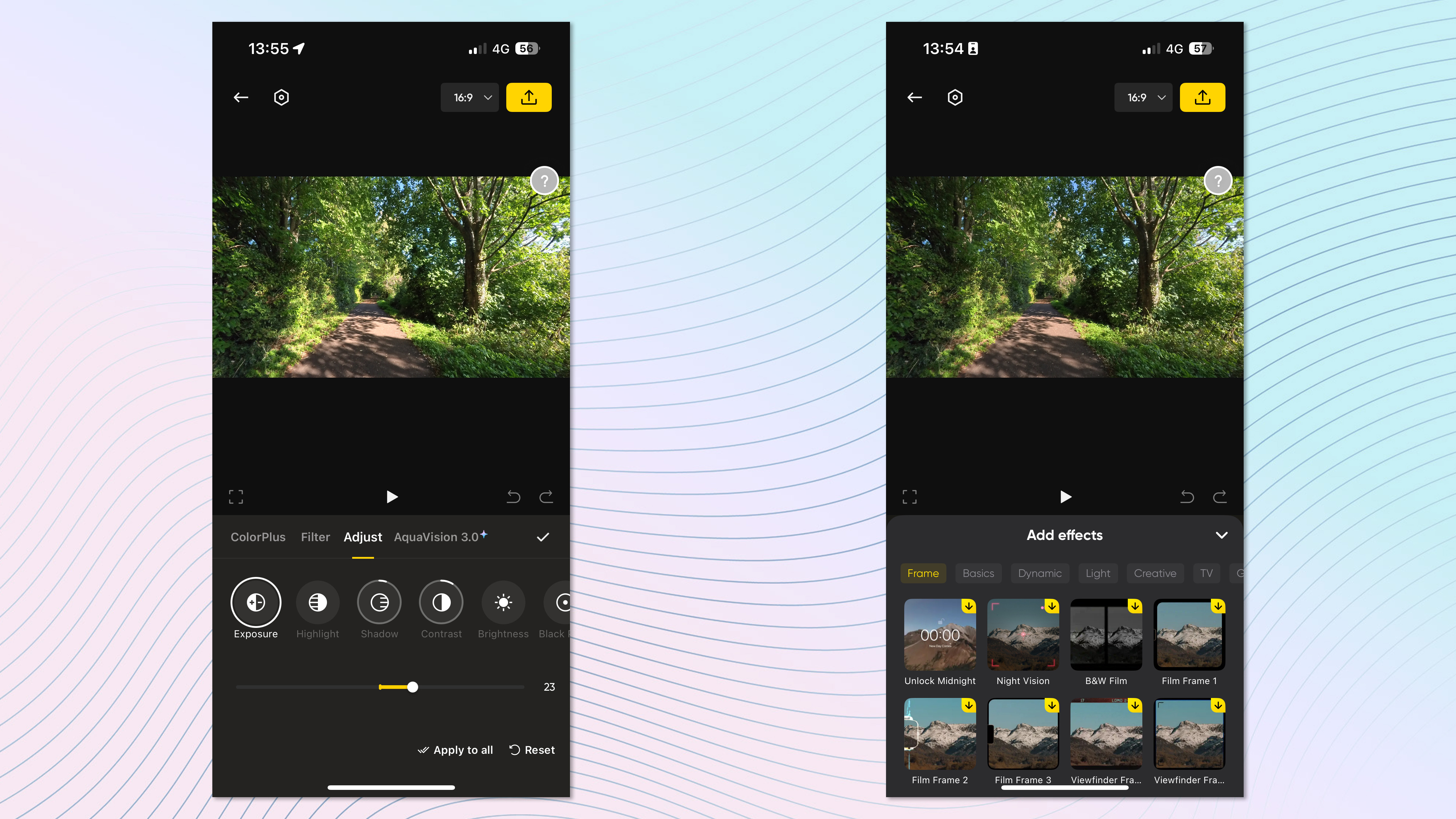 Two screenshots of the Insta360 smartphone app being used to edit footage of a woodland path. The screenshots are set on a colorful background.