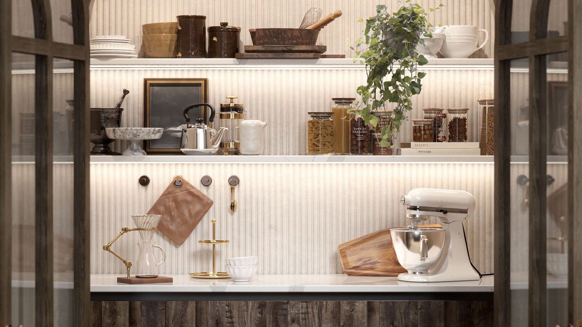 Luxury walk-in pantry with glass doors and lighting under shelves