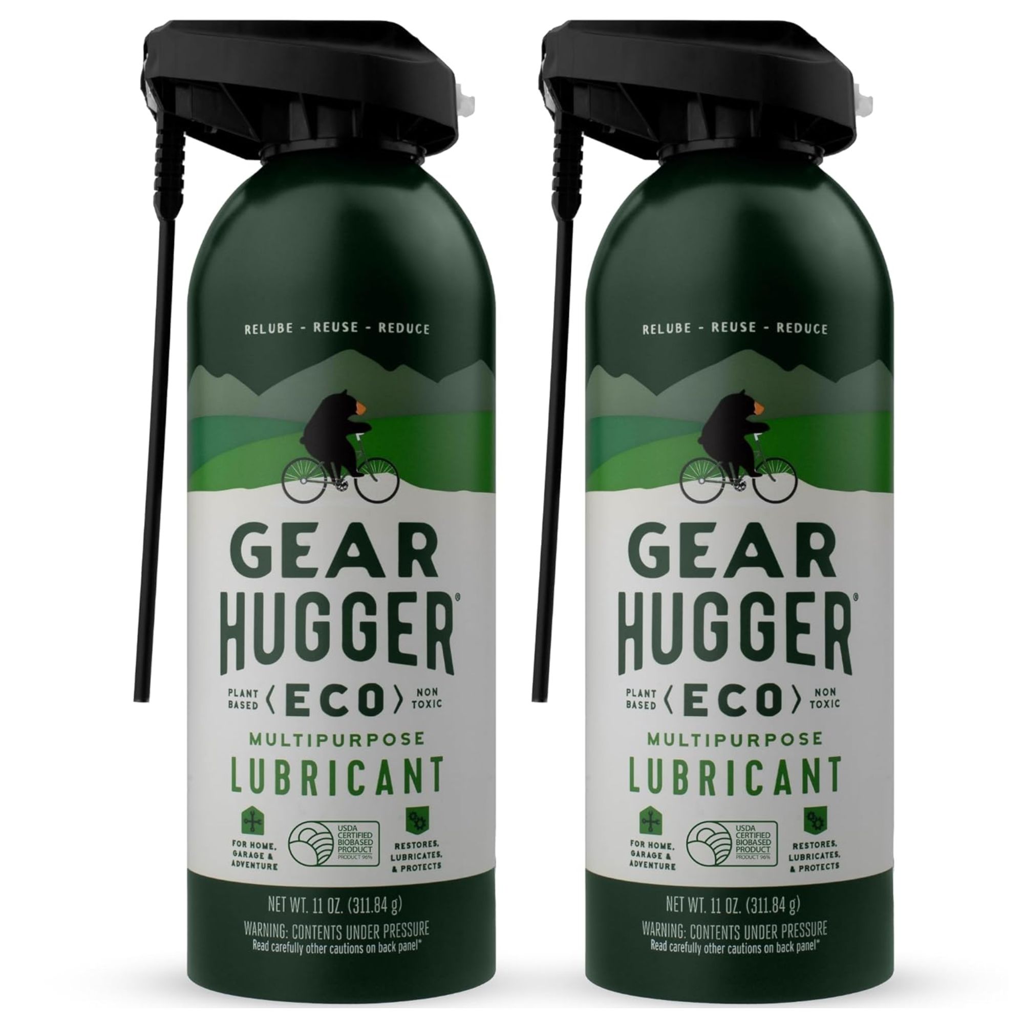 Two green bottles of Gear hugger multipurpose lubricant with black spray lids