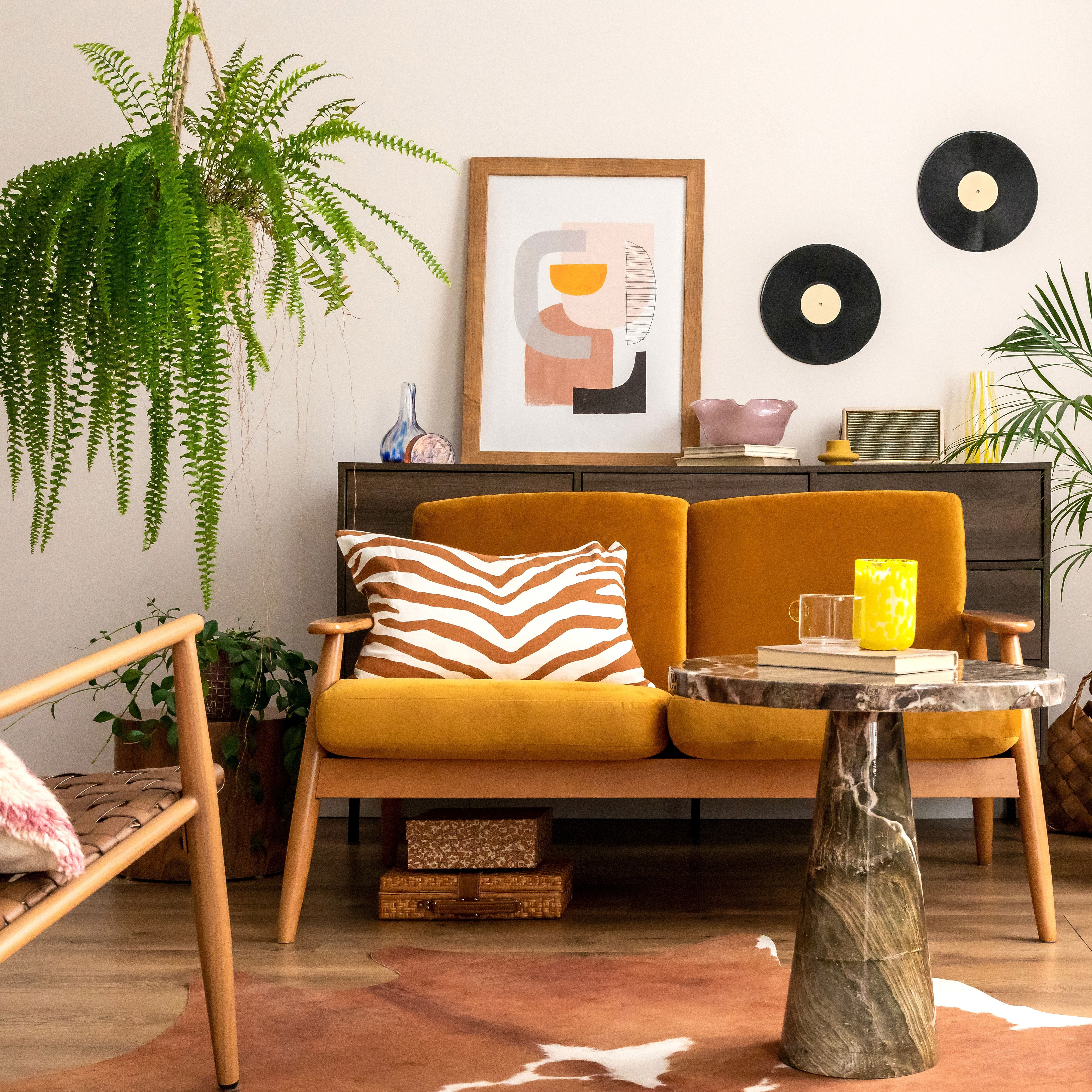 Boston ferns in retro lounge style with palms