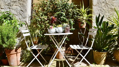Provence patio seating area with terracotta plants