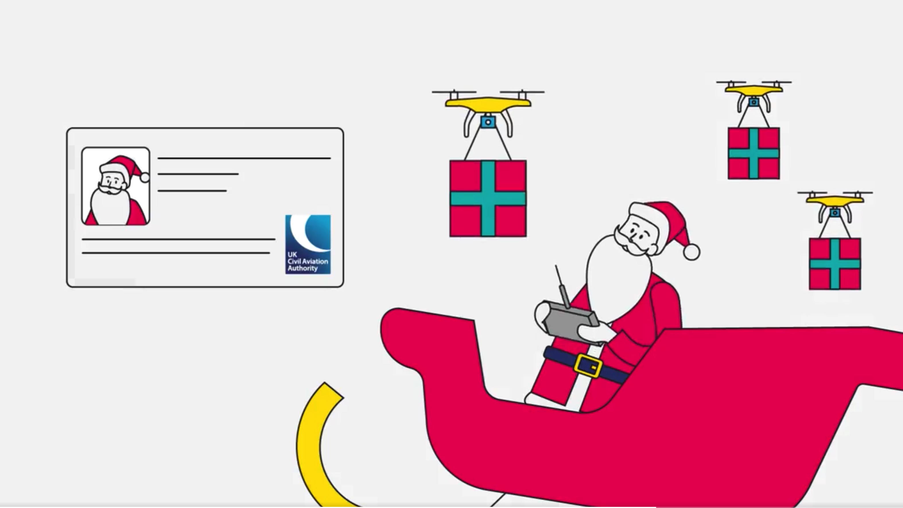 An illustration showing Santa flying drones carrying presents