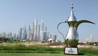 Dubai trophy infront of the skyline