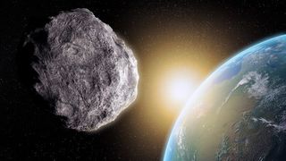 In this artist's illustration, an asteroid passes close to Earth.