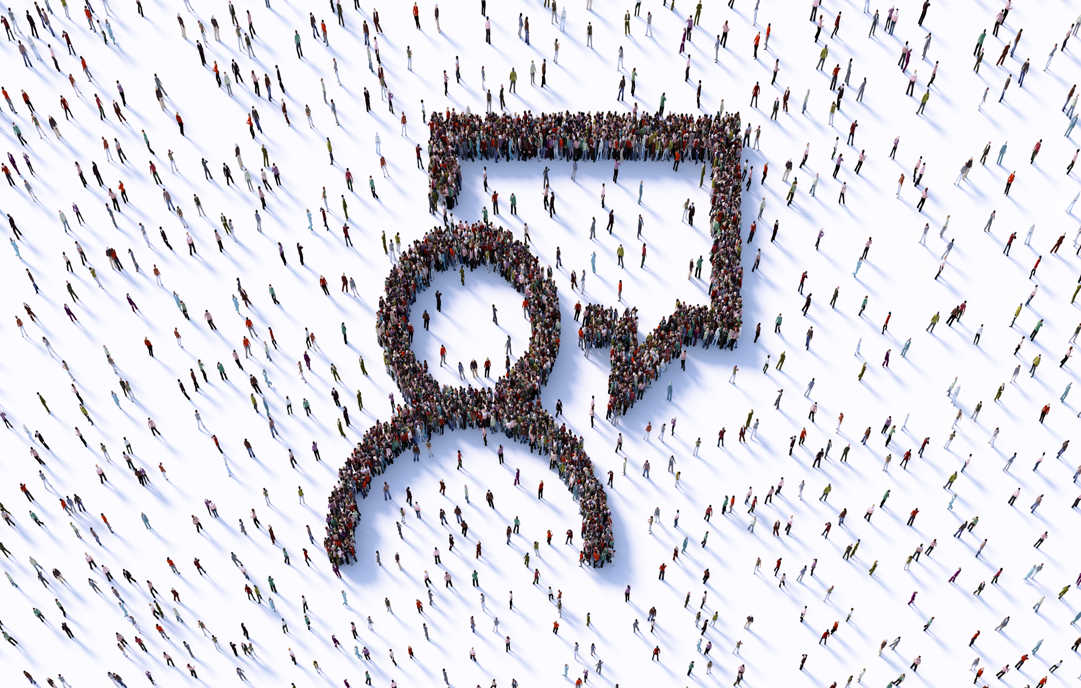 Human crowd forming a man and speech bubble symbol.