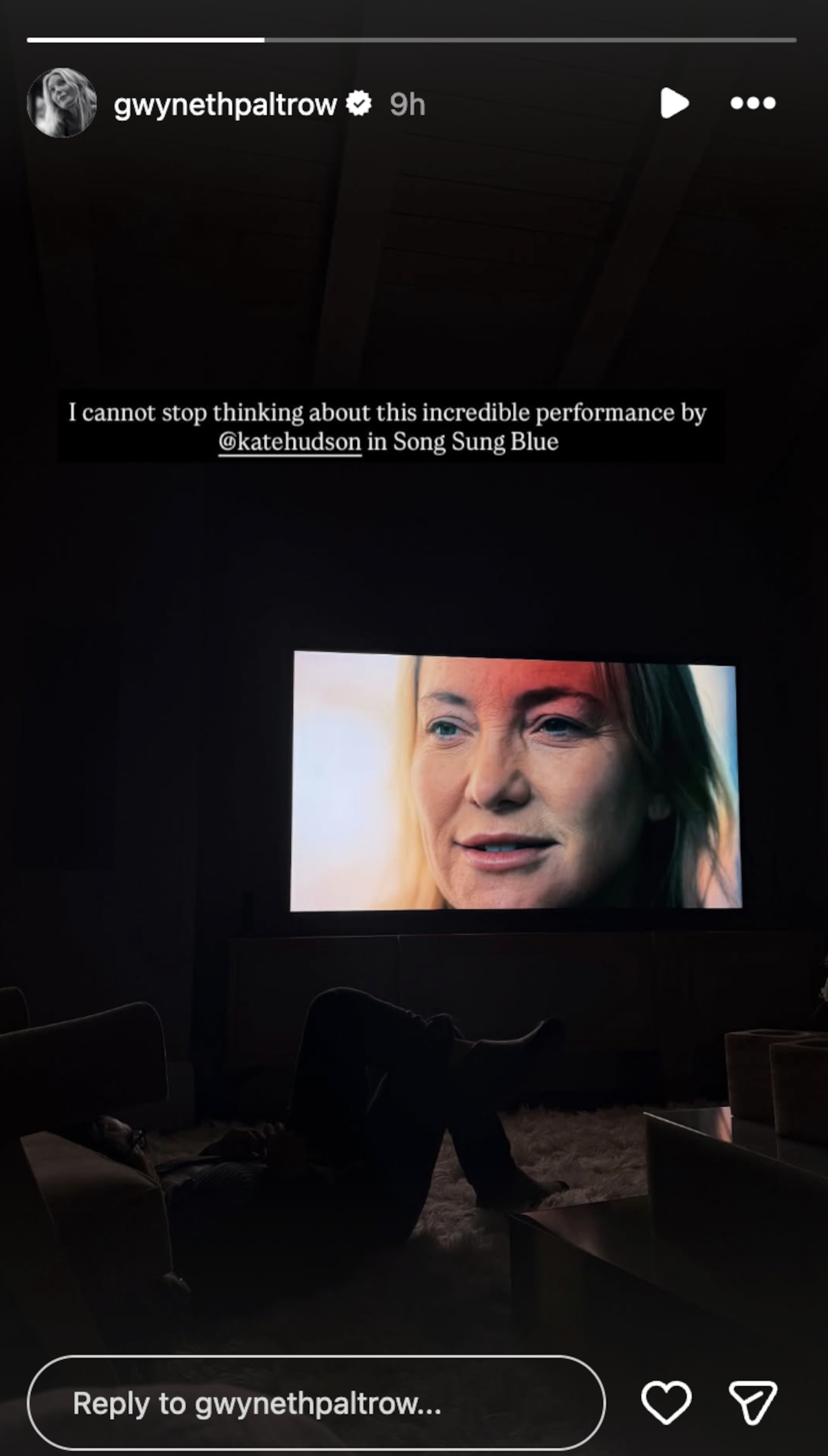 Gwyneth Paltrow took a screenshot of Kate Hudson in Song Sung Blue and captioned a rave review about her in her Instagram stories.