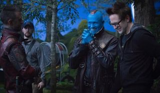 Guardians of the Galaxy Vol 2 Sean Gunn Michael Rooker James Gunn laughing on set