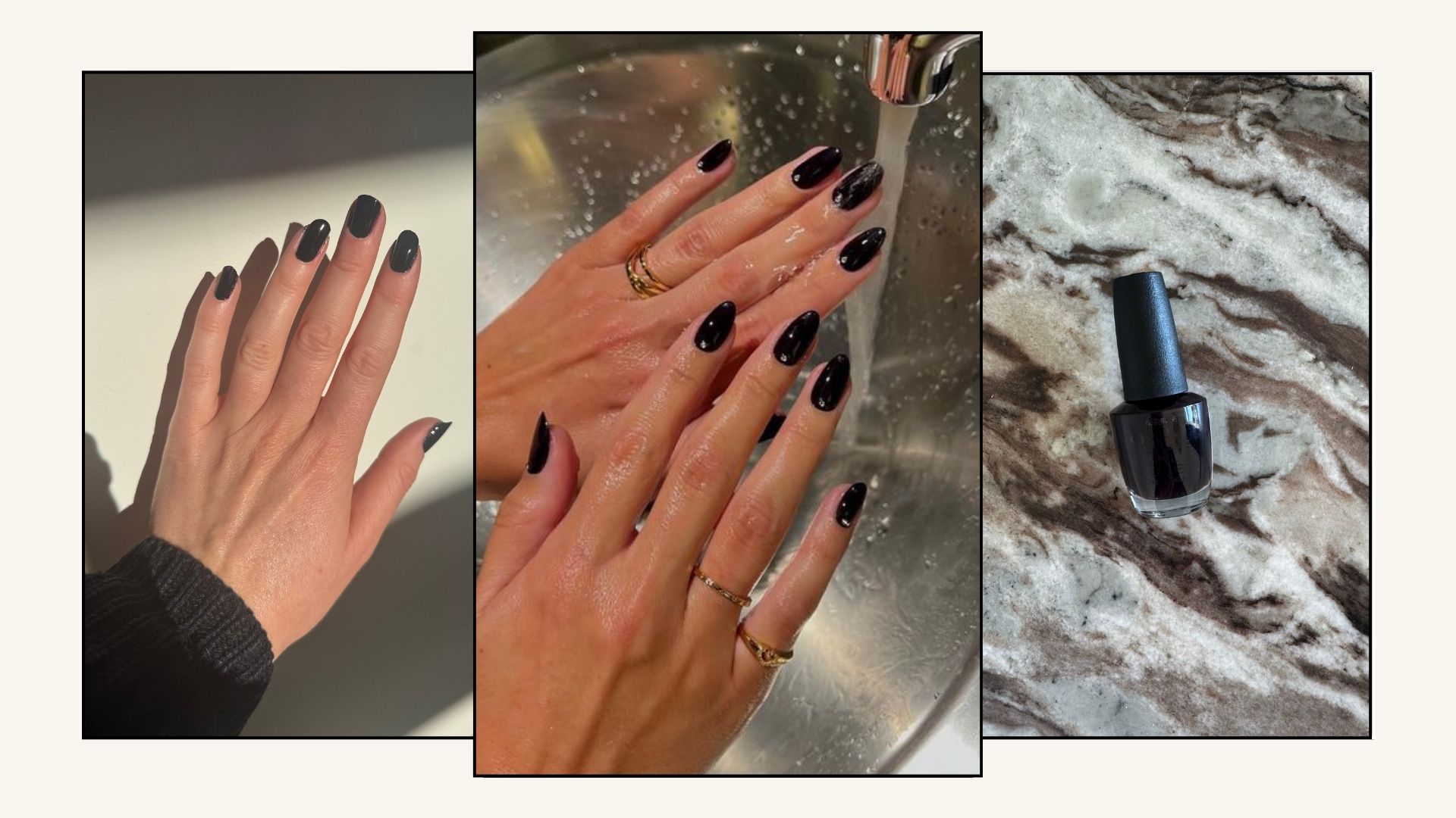 A collage with photos of manicures with OPI Lincoln Park After Dark nail polish