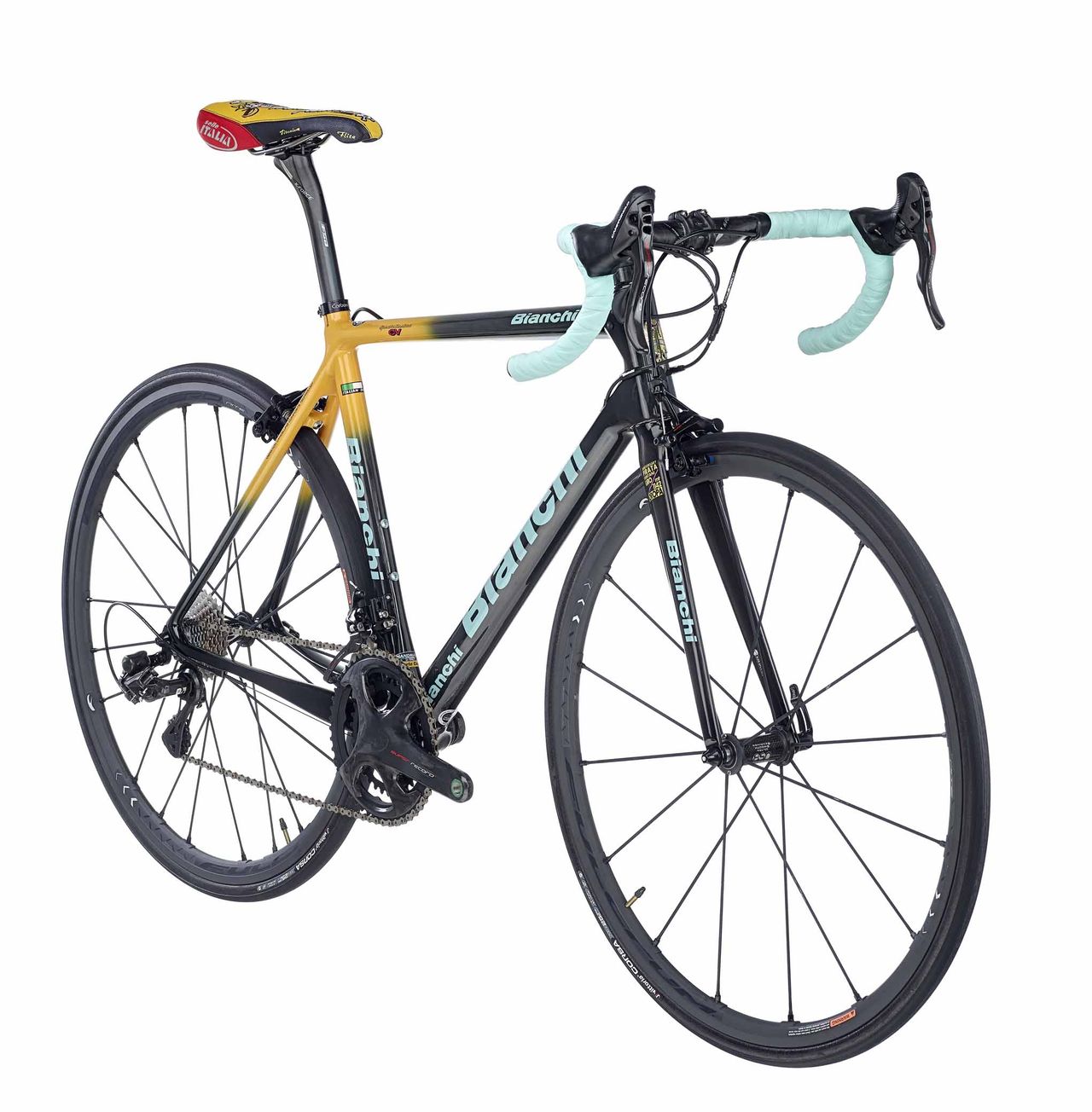 The Bianchi Specialissima livery marks the 20th anniversary of the late Marco Pantani's win at Oropa.