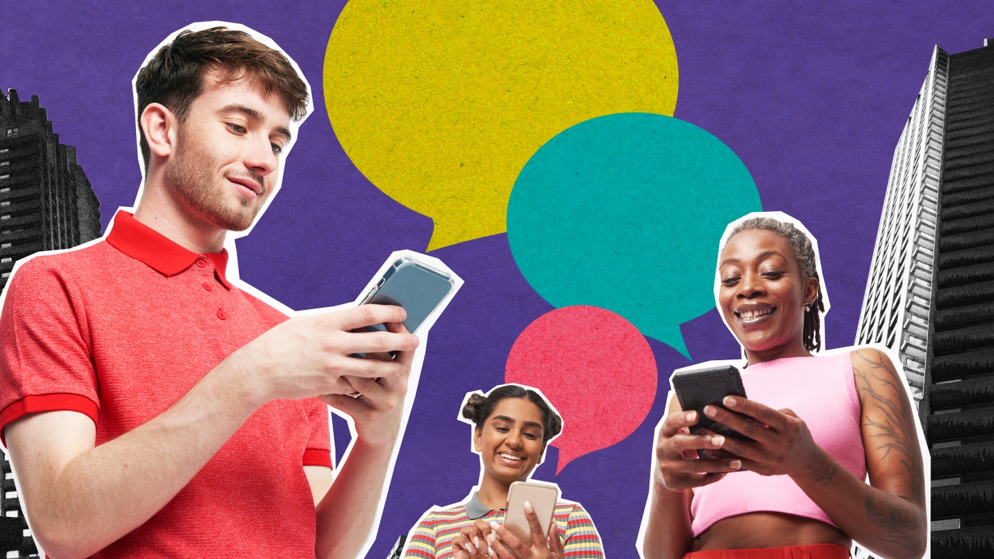 Graphic with purple background and buildings with people on mobile phons with speech bubbles coming off them