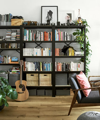 Colorful bookshelves in an apartment living room