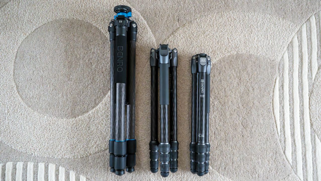 Benro Mach3, Benro Rhino and Benro Tortoise tripods folded on a carpet
