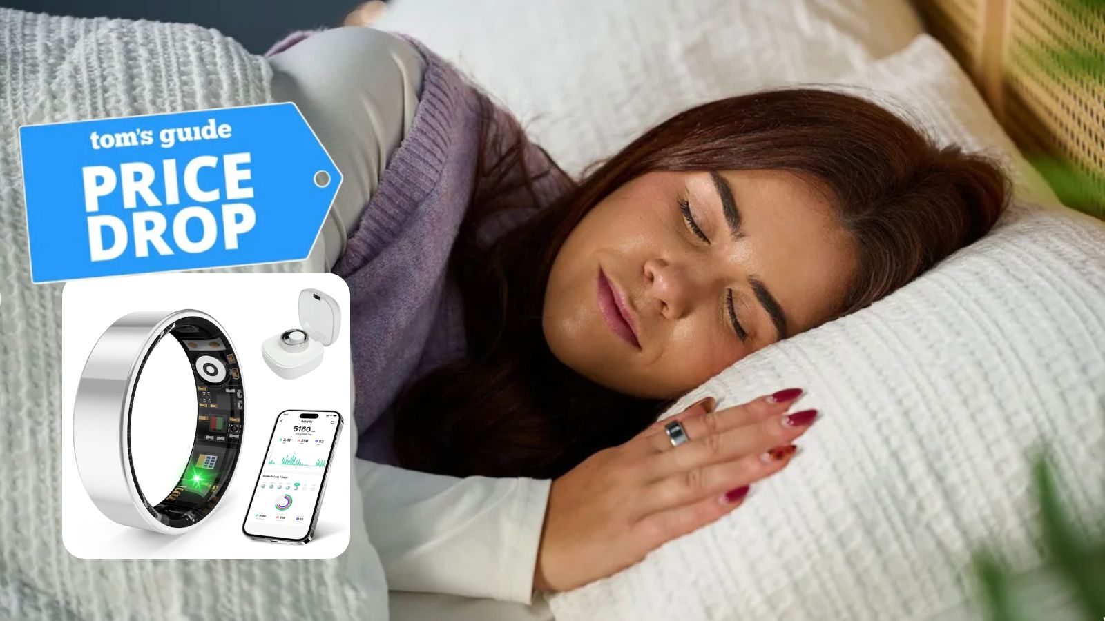 Our sleep tech reviewer sleeping in bed with white sheets wearing a silver Oura Ring 4 with inset of prxxhri smart ring 