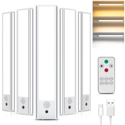 Under Cabinet Kitchen Lights With Remote Control, 5 Pack Rechargeable Light Motion Sensor Lights Indoor 3 Color Temperature Wireless Lights 1300mah Battery Lights for Kitchen, Wardrobe, Cupboard