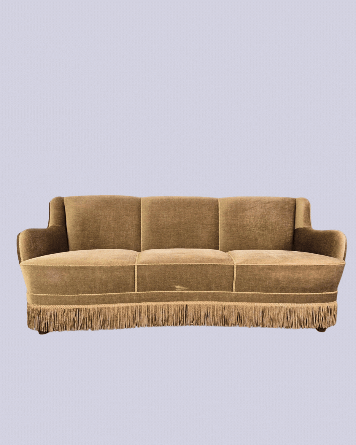 UK DK Furniture, Vintage Danish Banana Sofa Green Velour Tassels 1960s