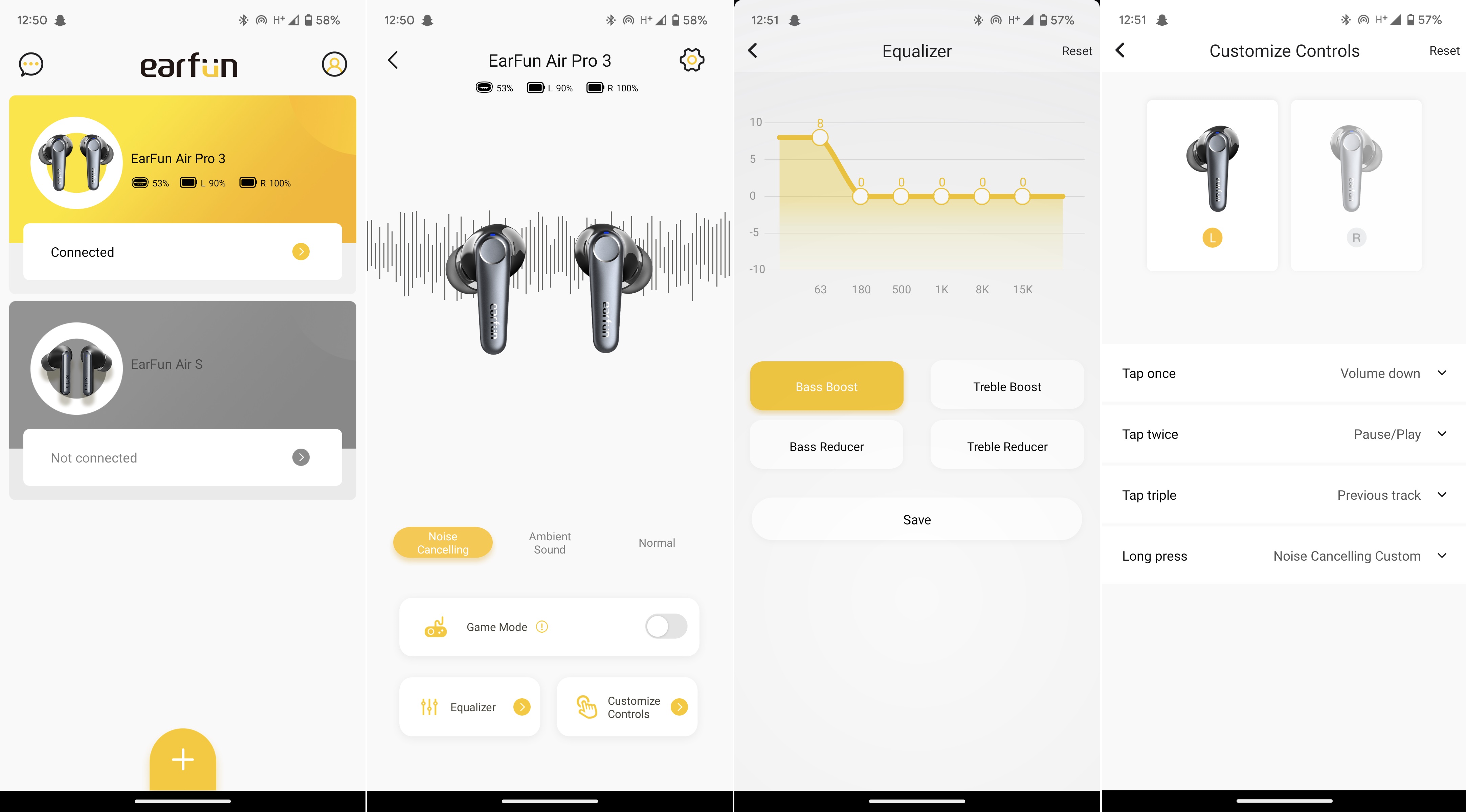EarFun app for Android showcasing options for the EarFun Air Pro 3 wireless earbuds.