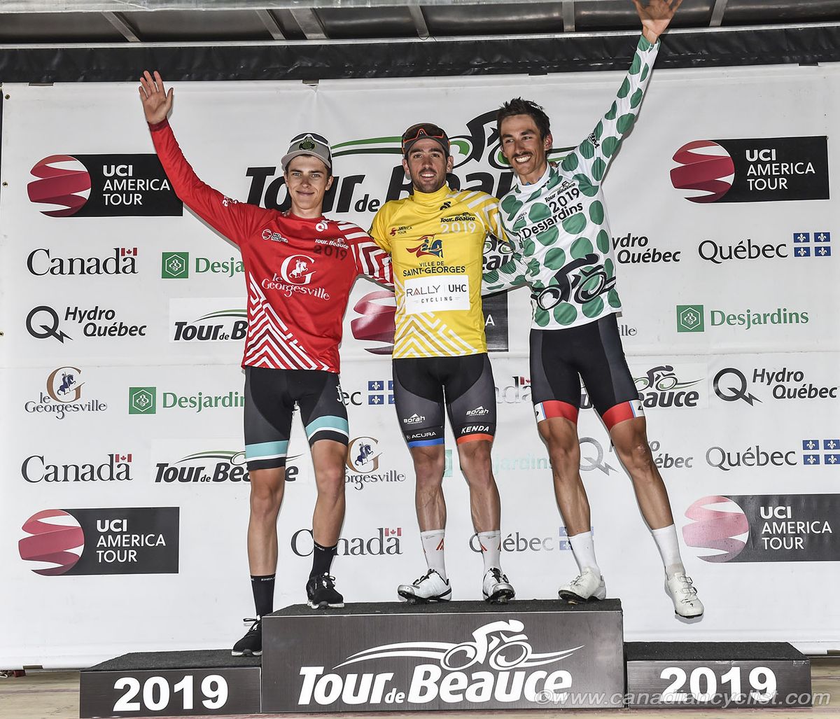 Nicolas Zukowsky (Floyd's Pro Cycling) Best Young Rider Red jersey, Tyler Magner (Rally UHC Cycling) Yellow Leader's jersey, Adam Jamieson (Team Canada KoM) jersey.