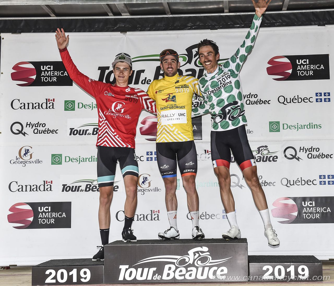 Nicolas Zukowsky (Floyd's Pro Cycling) Best Young Rider Red jersey, Tyler Magner (Rally UHC Cycling) Yellow Leader's jersey, Adam Jamieson (Team Canada KoM) jersey.