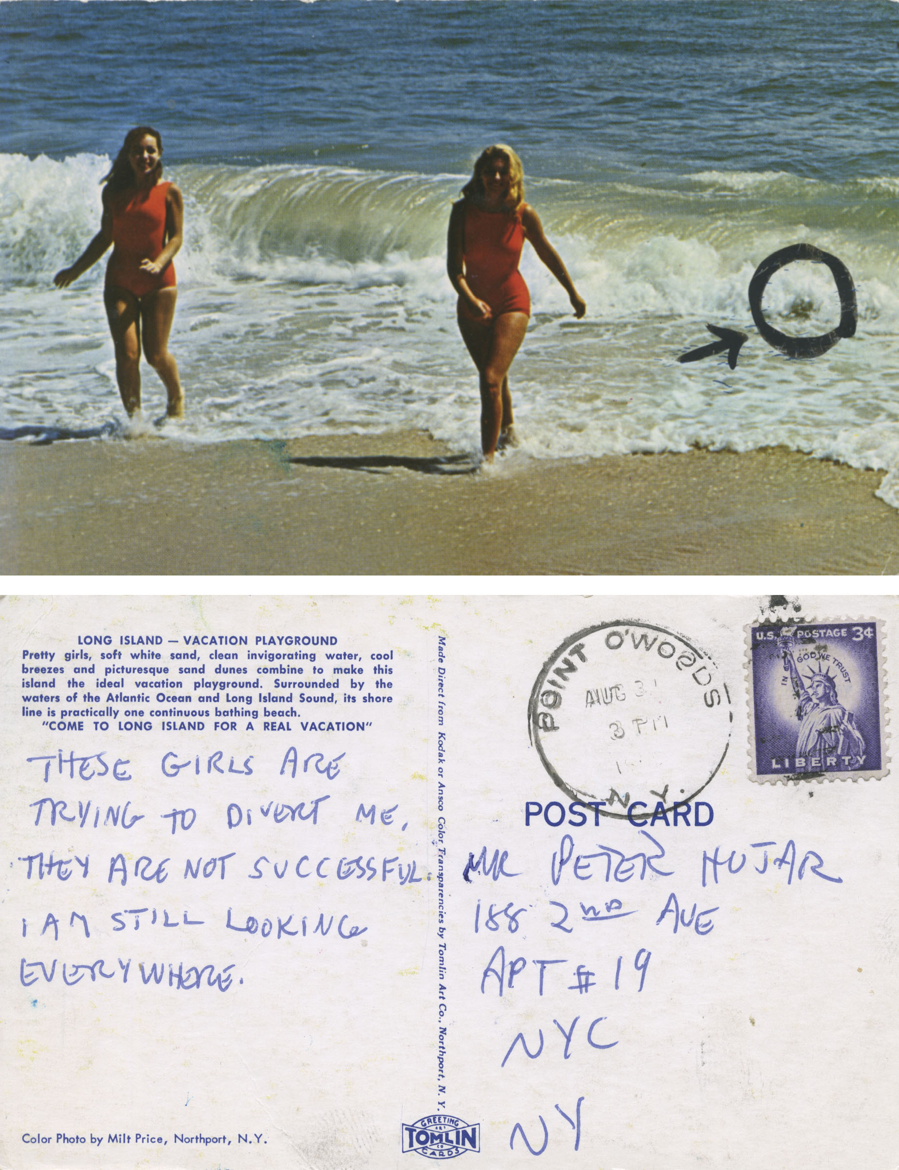 postcard of two women on beach, and reverse side, written by Paul Thek