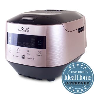 Yum Asia Bamboo Rice Cooker in pink with ideal home approved badge
