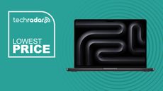 black Apple 2024 14-inch MacBook Pro Laptop with M4 Pro on cyan background with TechRadar lowest price icon