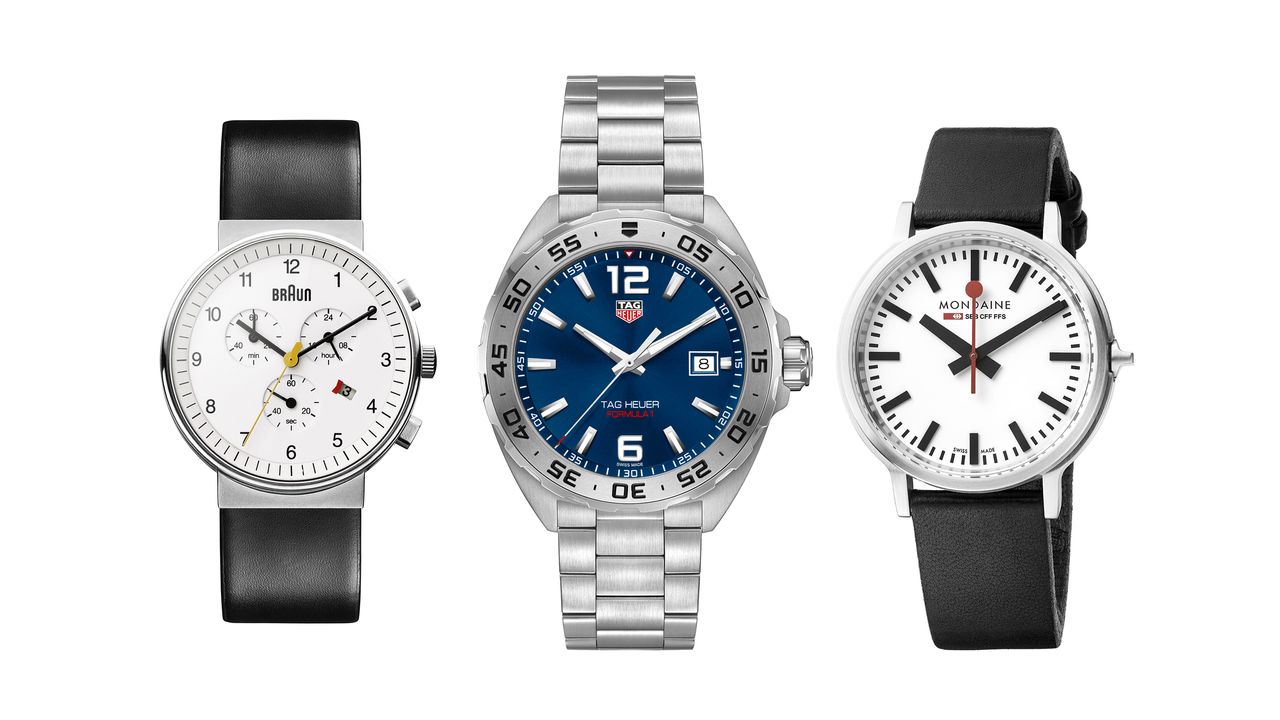 A collection of three of the best quartz watches: Braun, TAG Heuer and Mondaine