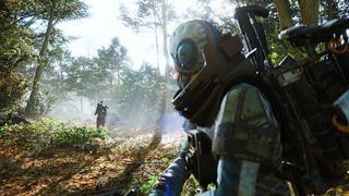 An Arc Raiders player walks through a forest and looks back to see a teammate