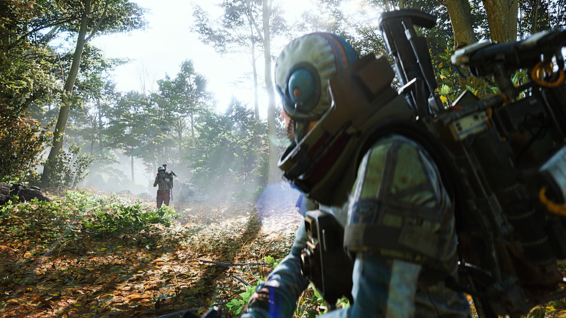 An Arc Raiders player walks through a forest and looks back to see a teammate