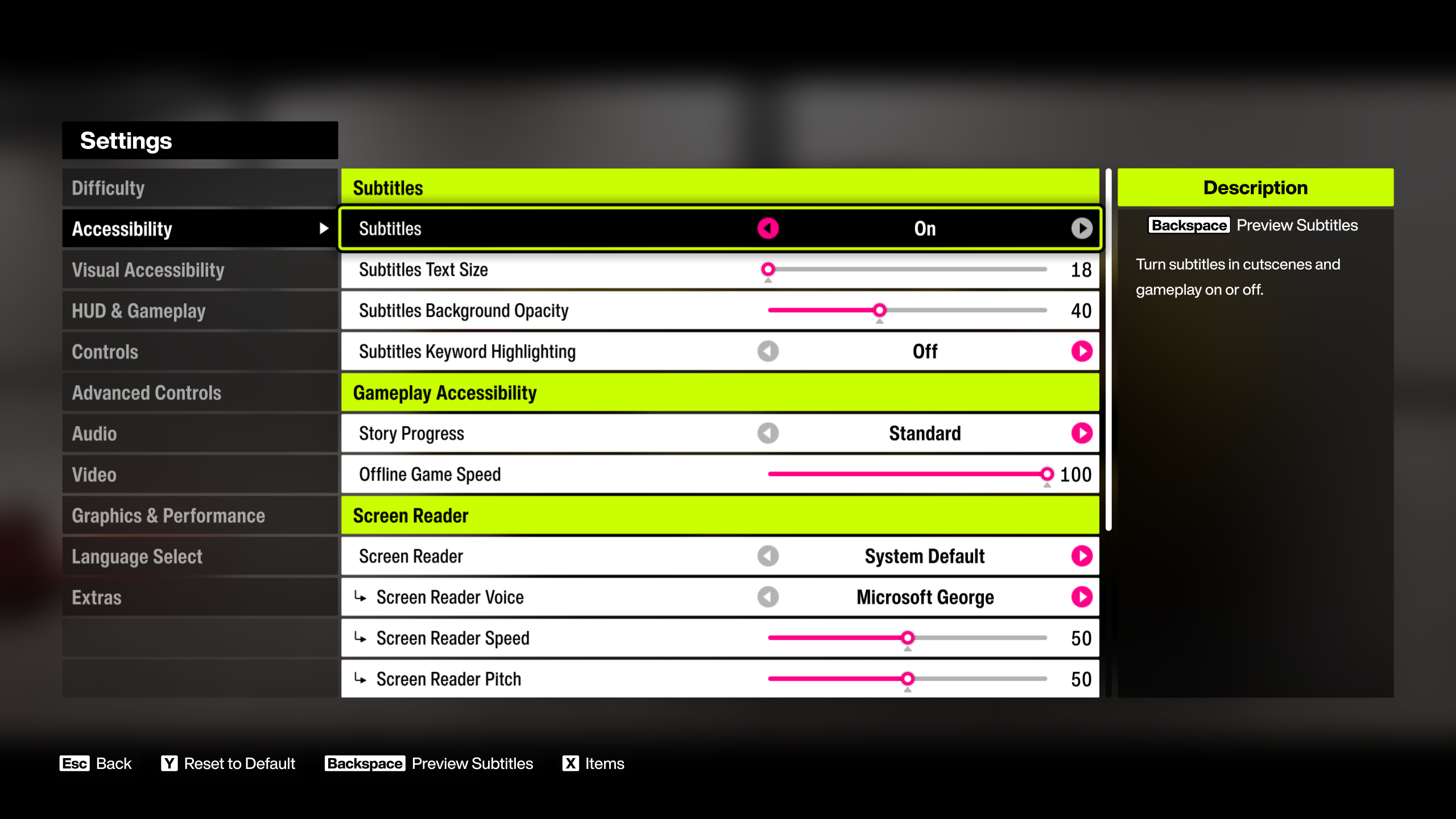 A screenshot of the Forza Horizon 6 accessibility menu highlighting the subtitles options.