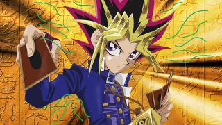 Yugi holding cards while stink lines come out of him.