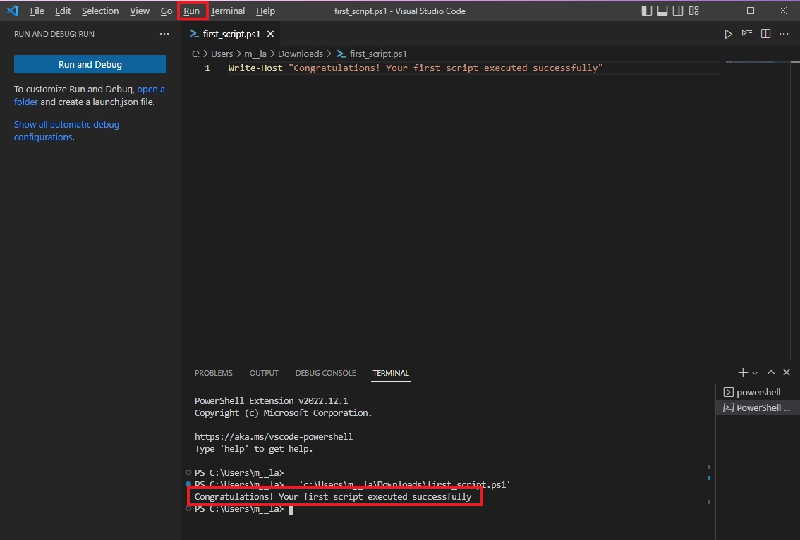 Ejecute el script de PowerShell en Visual Studio Code