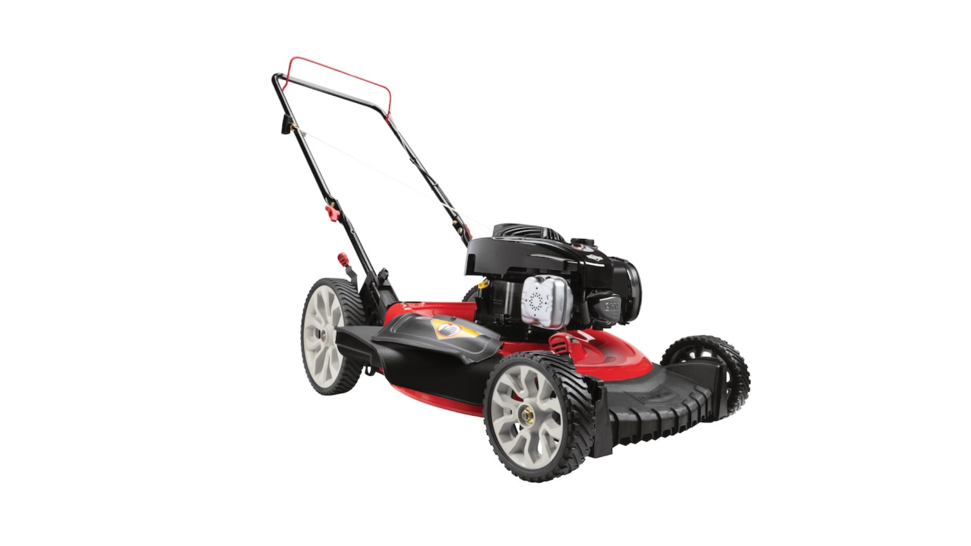 Red and black Troy-Bilt push lawn mower with mulcher on white background