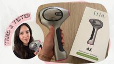 Beauty editor steph maylor pictured with the Tria 4X hair removal laser in her hand, beside a close up shot of the device next to its box