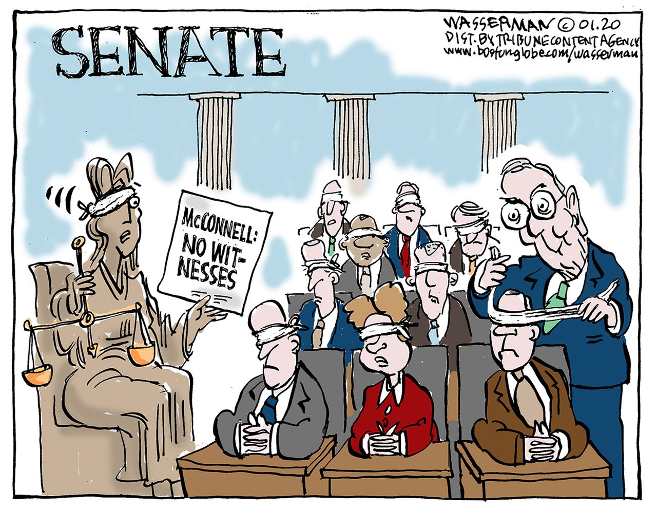 Political Cartoon U.S. Trump impeachment senate McConnell witnesses