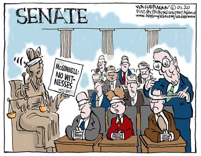 Political Cartoon U.S. Trump impeachment senate McConnell witnesses