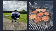 A collage featuring an image of the Weber Master-Touch GBS C-5750 Charcoal Barbecue, pictured in our reviewer's garden, and an image of home-made burgers cooking on the barbecue