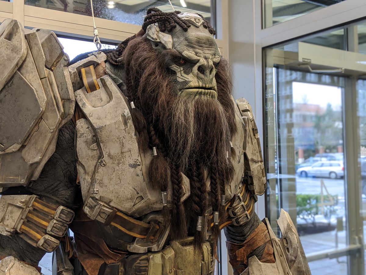 This super detailed Brute from Halo Wars 2 stands guard in the 343 lobby.