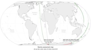 the flight path of Aeolus over Earth as it makes its fiery reentry