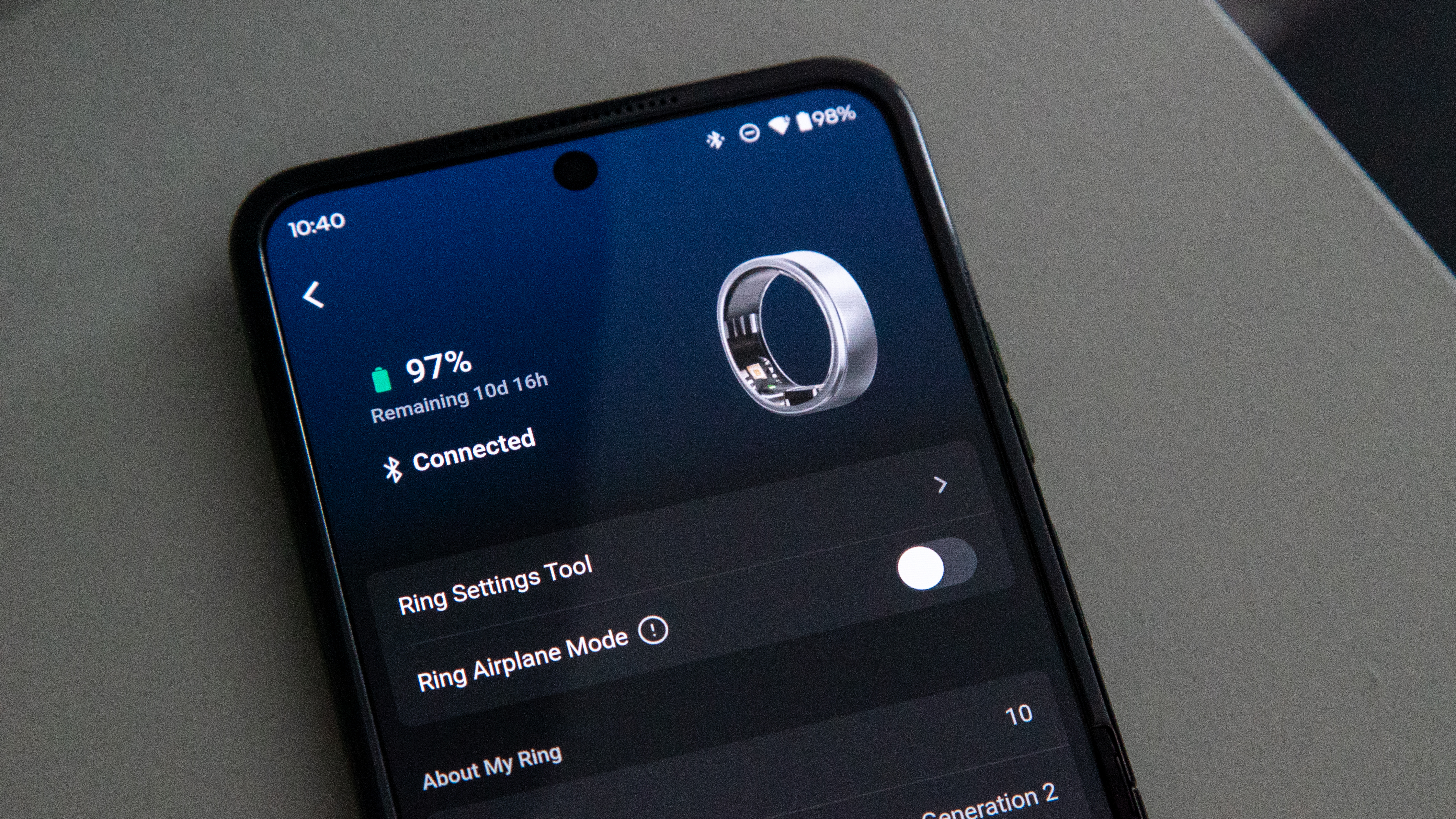 The RingConn Gen 2 Smart Ring app showing remaining battery life