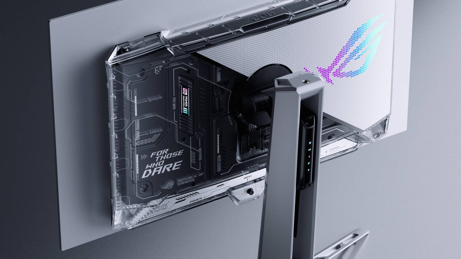 Close up of ROG Swift OLED PG27AQWP-W monitor back with transparent plastic and silver body in view.