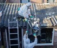 Two men in white overalls with PPE removing asbestos roof sheeting from an outbuilding