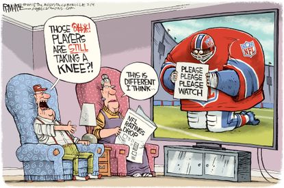 Editorial cartoon U.S. Super Bowl NFL ratings kneeling racism