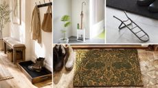 Four pieces that are helpful for keeping your hallway clean and tidy, a boot rack, a hallway mat, an umbrella stand, and boot jack