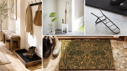 Four pieces that are helpful for keeping your hallway clean and tidy, a boot rack, a hallway mat, an umbrella stand, and boot jack