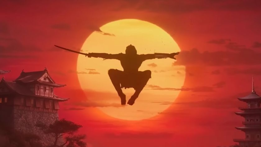 Assassin&#039;s Creed Shadows promo still from Assassin&#039;s Creed Red teaser: A ninja leaping through the air, ninja-style, in front of a large setting sun