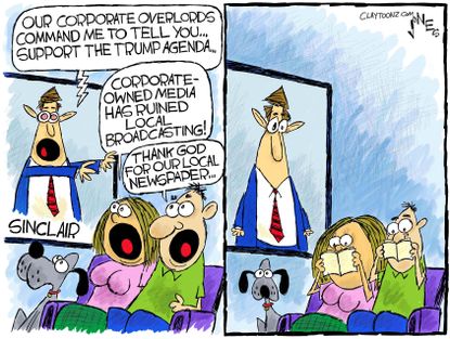 Political cartoon U.S. Sinclair Broadcasting anchor script corporate media print journalism