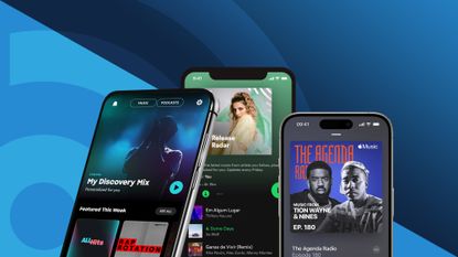 Three phone screens with Amazon Music, Apple Music and Spotify apps displayed